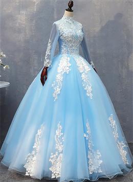 Picture of Blue Long Sleeves lace Tulle Sweet 16 Dresses, Light Blue Ball Gown Formal Dresses, Party Dresses